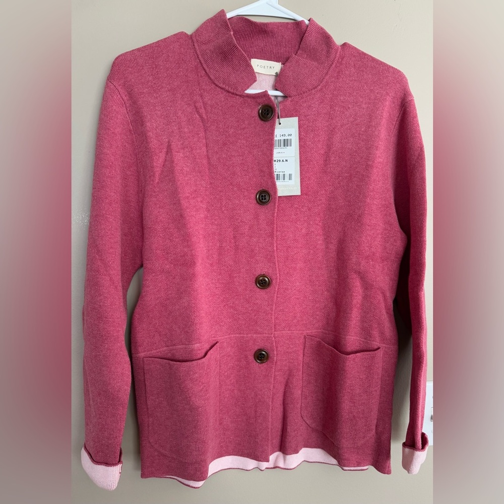NWT  POETRY Organic Cotton Rose Colored Cardigan Sweater  Size 42 Chest $149